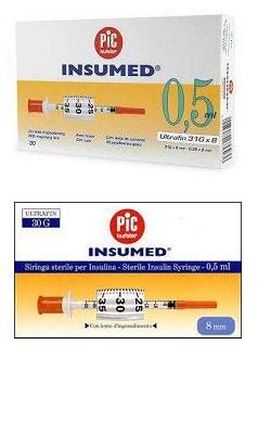 SIRINGA PER INSULINA PIC INSUMED 0,5 ML 100 UI AGO GAUGE 30 LUNGHEZZA 8 MM SENZA SPAZIO MORTO 3 SACCHETTI DA 10 PEZZI - farmacialombardia.it