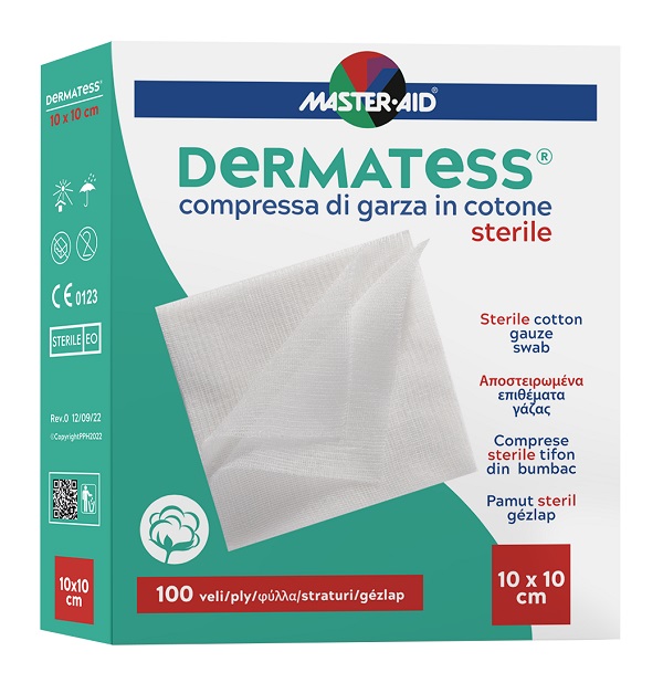GARZA COMPRESSA MASTER-AID DERMATESS COTONE 10X10CM 100 PEZZI - farmacialombardia.it