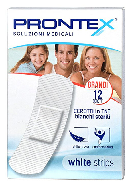 CEROTTO PRONTEX WHITE STRIPS IN TESSUTO NON TESSUTO BIANCO STERILE SCATOLA 12 CEROTTI GRANDI - farmacialombardia.it