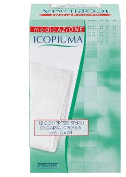 ICOPIUMA GARZA COMPRESSA IDROFILA IN COTONE PIEGATA STERILE SENZA FILO DI BARIO TITOLO 12/8 MISURA 18X40 CM IN BUSTA SINGOLA 12 PEZZI - farmacialombardia.it