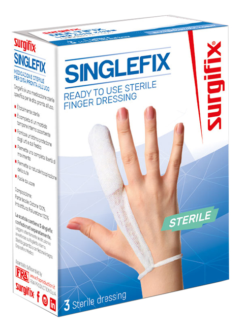 MEDICAZIONE STERILE PER DITO SINGLEFIX, COSTITUITA DA UNA GUAINA IN COTONE E DA UN'IMBOTTITURA INTERNA ASSORBENTE. SI APPLICA DIRETTAMENTE SULLA FERITA E SI FISSA AL POLSO - farmacialombardia.it