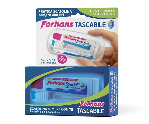 FORHANS TRAVEL KIT TASCABILE COMPOSTO DA SPAZZOLINO DA VIAGGIO + FORHANS SPECIAL PASTA DENTIFRICIA TUBETTO 12,5 ML - farmacialombardia.it