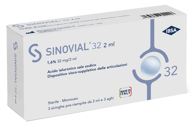 SIRINGA INTRA-ARTICOLARE SINOVIAL 32 ACIDO IALURONICO SALE SODICO 1,6% 32MG/2ML 3 SIRINGHE X 2ML + 3 AGHI - farmacialombardia.it