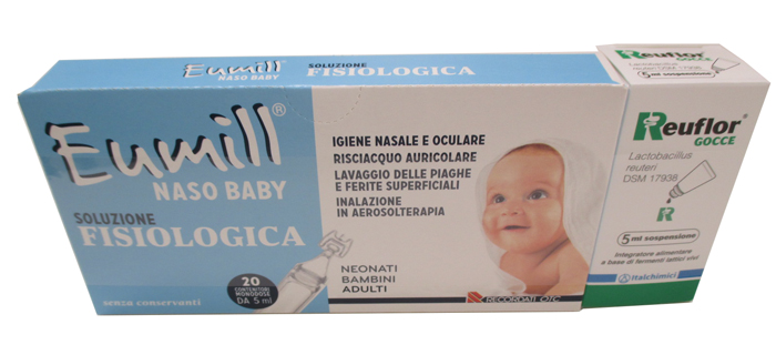 REUFLOR EUMILL NASO BIPACK REUFLOR GOCCE 5 ML + EUMILL NASO BABY SOLUZIONE FISIOLOGICA 20 FIALOIDI DA 5 ML - farmacialombardia.it