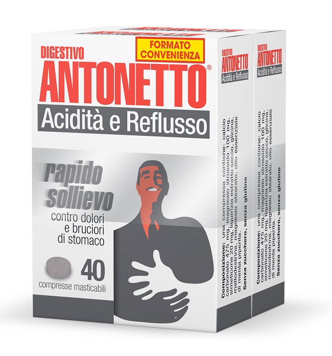 DIGESTIVO ANTONETTO ACIDITA' E REFLUSSO 80 COMPRESSE MASTICABILI 2 ASTUCCI DA 40 COMPRESSE - farmacialombardia.it