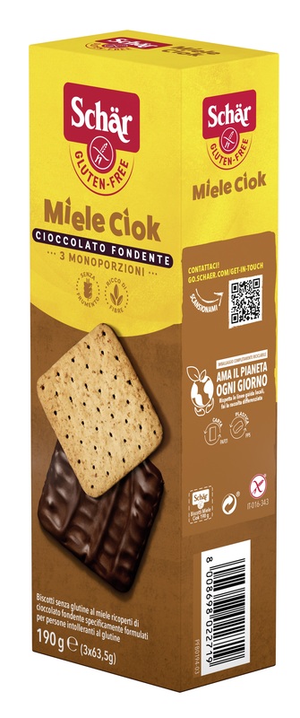 SCHAR MIELE CIOK BISCOTTI AL MIELE RICOPERTI DI CIOCCOLATO FONDENTE 3 PORZIONI DA 63,5 G - farmacialombardia.it