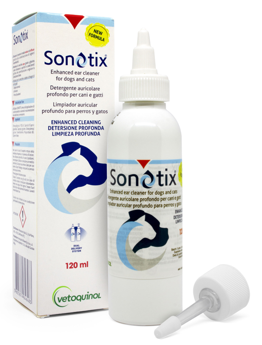 SONOTIX DETERGENTE AURICOLARE PROFONDO CANI E GATTI 120 ML + CANNULA CORTA RIGIDA + CANNULA LUNGA FLESSIBILE - farmacialombardia.it