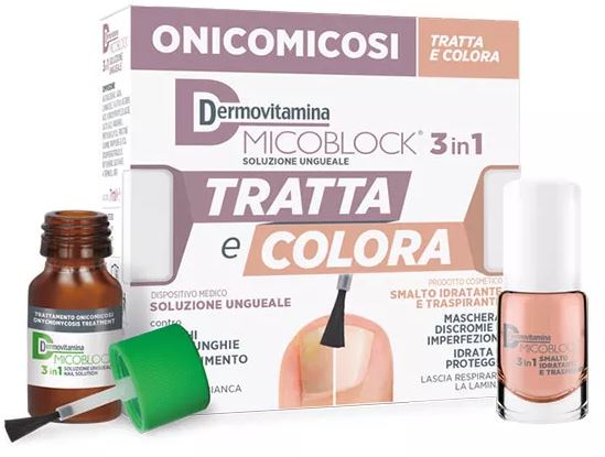 DERMOVITAMINA MICOBLOCK 3 IN 1 TRATTA E COLORA SOLUZIONE UNGUEALE 7 ML + SMALTO IDRATANTE TRASPIRANTE 5 ML - farmacialombardia.it