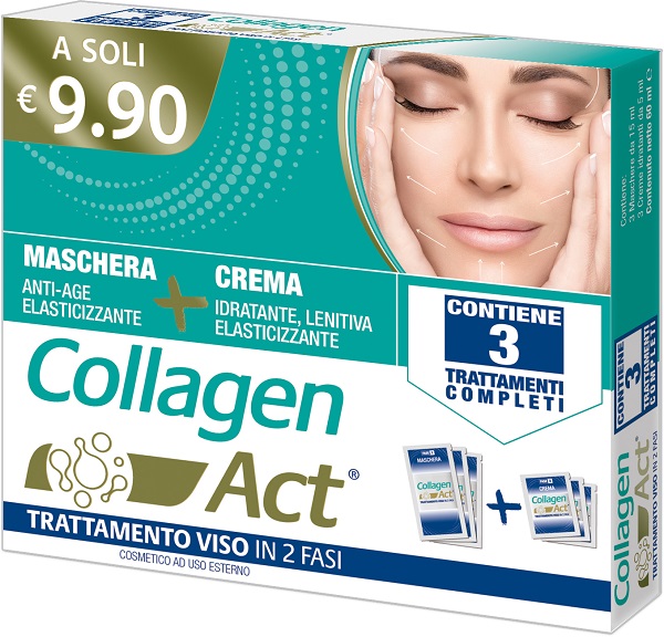 COLLAGEN ACT TRATTAMENTO VISO 2 FASI MASCHERA ANTI AGE ELASTICIZZANTE 3 PEZZI DA 15 ML + CREMA IDRATANTE LENITIVA ELASTICIZZANTE 3 PEZZI DA 5 ML - farmacialombardia.it