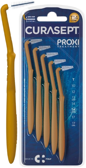 SCOVOLINO CURASEPT PROXI ANGLE MISURA T14 CONICO ISO 4 COLORE OCRA DIAMETRO 1,4 MM 5 PEZZI - farmacialombardia.it