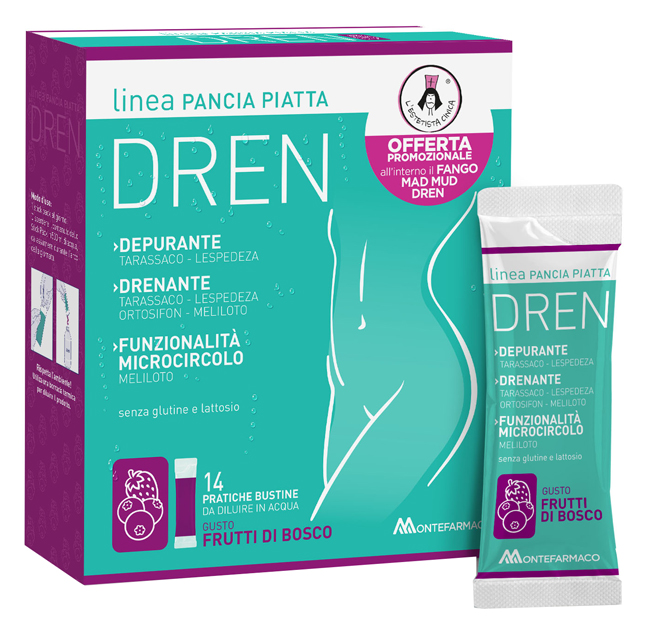 PANCIA PIATTA DREN FRUTTI DI BOSCO 14 BUSTINE STICK PACK + FANGO ATTIVO CELLULITE 100 ML OMAGGIO - farmacialombardia.it