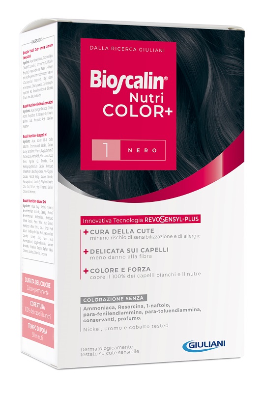 BIOSCALIN NUTRICOLOR PLUS 1 NERO CREMA COLORANTE 40 ML + RIVELATORE CREMA 60 ML + SHAMPOO 12 ML + TRATTAMENTO FINALE BALSAMO 12 ML - farmacialombardia.it