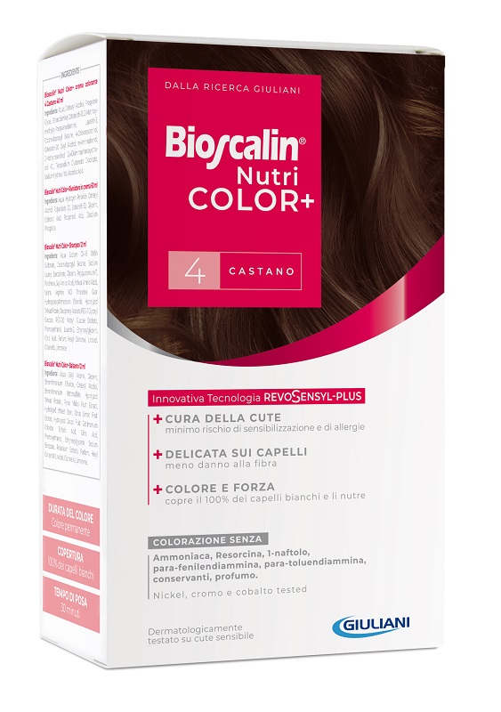 BIOSCALIN NUTRICOLOR PLUS 4 CASTANO CREMA COLORANTE 40 ML + RIVELATORE CREMA 60 ML + SHAMPOO 12 ML + TRATTAMENTO FINALE BALSAMO 12 ML - farmacialombardia.it