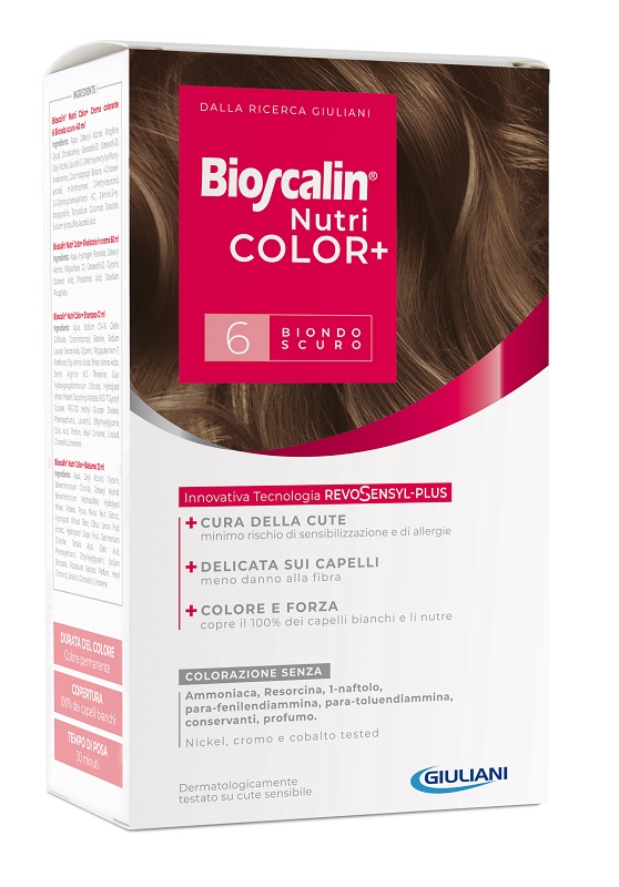 BIOSCALIN NUTRICOLOR PLUS 6 BIONDO SCURO CREMA COLORANTE 40 ML + RIVELATORE CREMA 60 ML + SHAMPOO 12 ML + TRATTAMENTO FINALE BALSAMO 12 ML - farmacialombardia.it