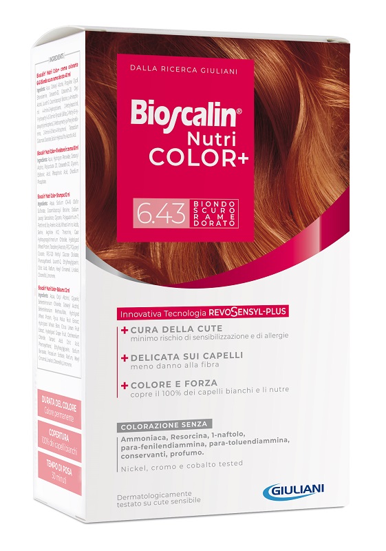 BIOSCALIN NUTRICOLOR PLUS 6,43 BIONDO SCURO RAME DORATO CREMA COLORANTE 40 ML + RIVELATORE CREMA 60 ML + SHAMPOO 12 ML + TRATTAMENTO FINALE BALSAMO 12 ML - farmacialombardia.it