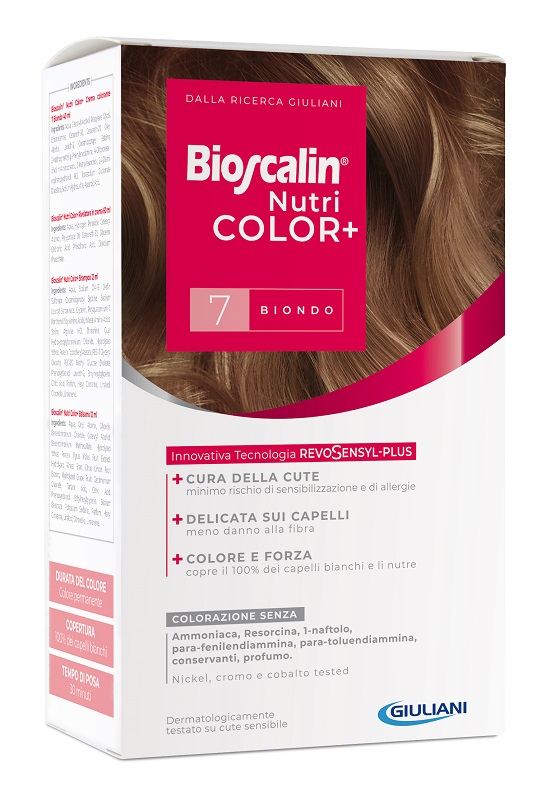 BIOSCALIN NUTRICOLOR PLUS 7 BIONDO CREMA COLORANTE 40 ML + RIVELATORE CREMA 60 ML + SHAMPOO 12 ML + TRATTAMENTO FINALE BALSAMO 12 ML - farmacialombardia.it