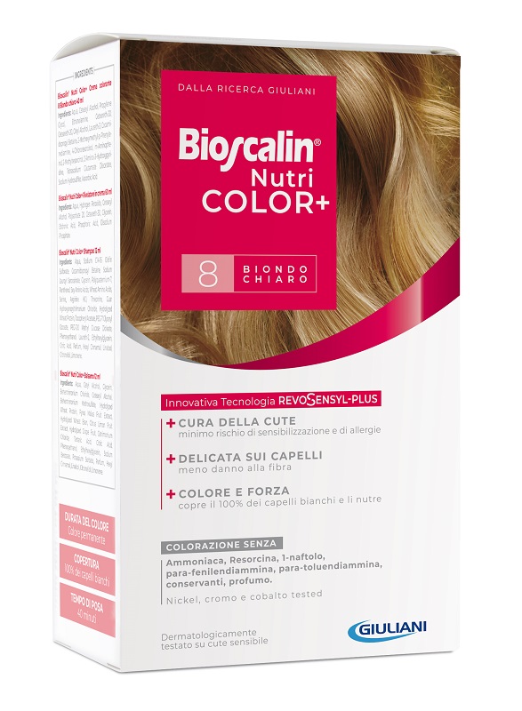 BIOSCALIN NUTRICOLOR PLUS 8 BIONDO CHIARO CREMA COLORANTE 40 ML + RIVELATORE CREMA 60 ML + SHAMPOO 12 ML + TRATTAMENTO FINALE BALSAMO 12 ML - farmacialombardia.it