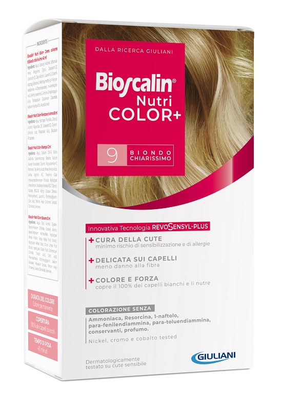 BIOSCALIN NUTRICOLOR PLUS 9 BIONDO CHIARISSIMO CREMA COLORANTE 40 ML + RIVELATORE CREMA 60 ML + SHAMPOO 12 ML + TRATTAMENTO FINALE BALSAMO 12 ML - farmacialombardia.it