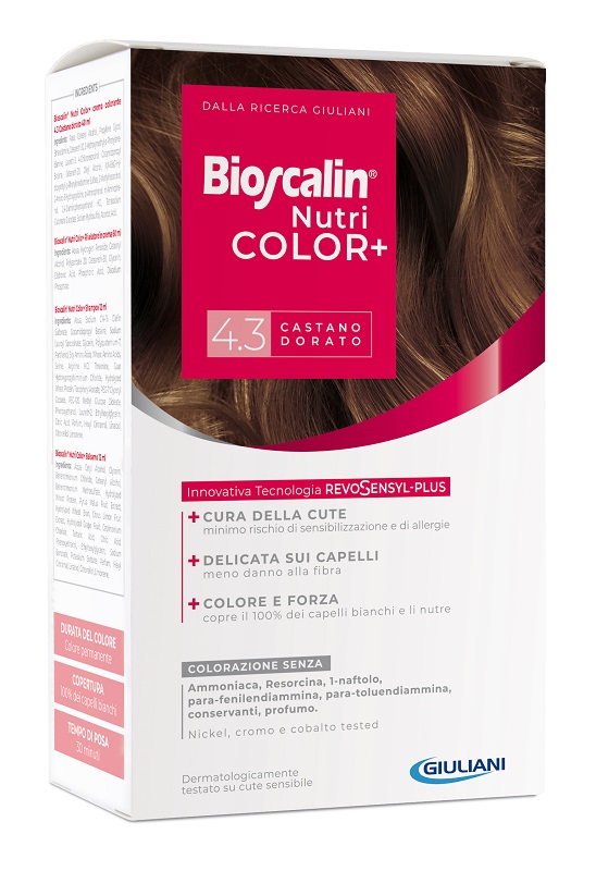 BIOSCALIN NUTRICOLOR PLUS 4,3 CASTANO DORATO CREMA COLORANTE 40 ML + RIVELATORE CREMA 60 ML + SHAMPOO 12 ML + TRATTAMENTO FINALE BALSAMO 12 ML - farmacialombardia.it