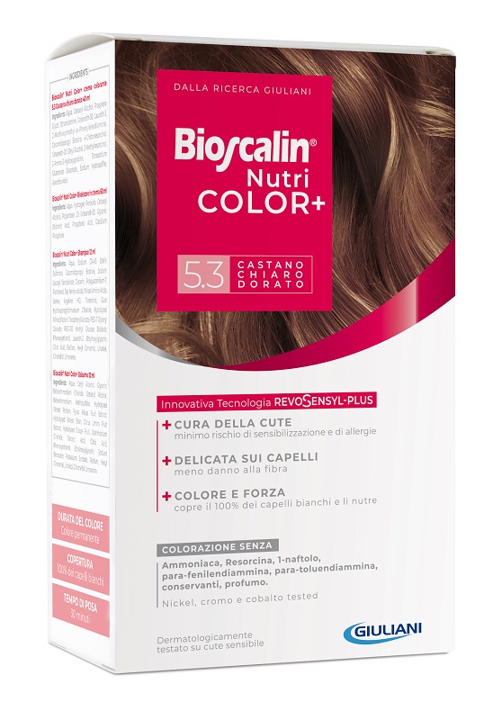 BIOSCALIN NUTRICOLOR PLUS 5,3 CASTANO CHIARO DORATO CREMA COLORANTE 40 ML + RIVELATORE CREMA 60 ML + SHAMPOO 12 ML + TRATTAMENTO FINALE BALSAMO 12 ML - farmacialombardia.it