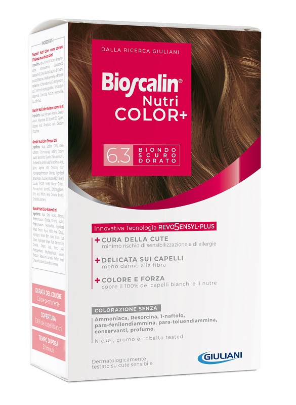 BIOSCALIN NUTRICOLOR PLUS 6,3 BIONDO SCURO DORATO CREMA COLORANTE 40 ML + RIVELATORE CREMA 60 ML + SHAMPOO 12 ML + TRATTAMENTO FINALE BALSAMO 12 ML - farmacialombardia.it