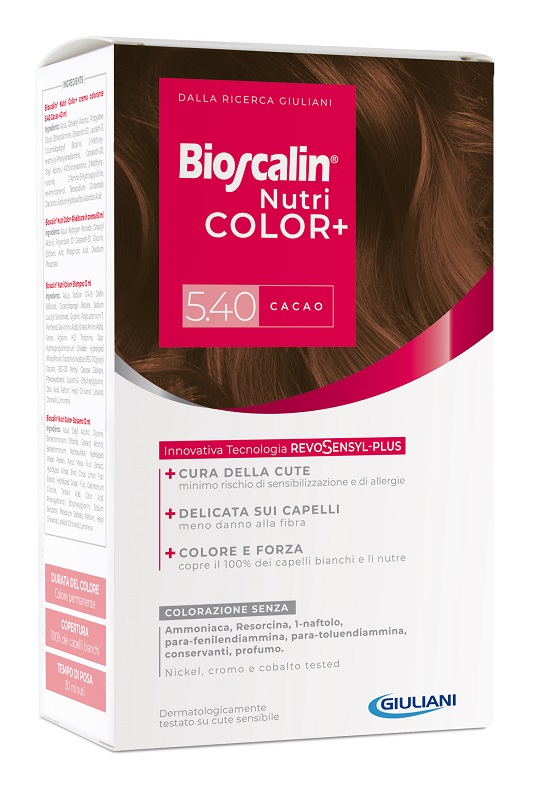 BIOSCALIN NUTRICOLOR PLUS 5,40 CACAO CREMA COLORANTE 40 ML + RIVELATORE CREMA 60 ML + SHAMPOO 12 ML + TRATTAMENTO FINALE BALSAMO 12 ML - farmacialombardia.it