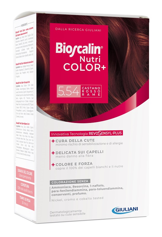 BIOSCALIN NUTRICOLOR PLUS 5,54 CASTANO ROSSO RAME CREMA COLORANTE 40 ML + RIVELATORE CREMA 60 ML + SHAMPOO 12 ML + TRATTAMENTO FINALE BALSAMO 12 ML - farmacialombardia.it