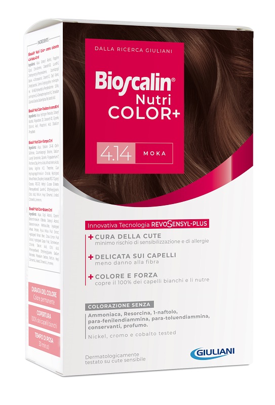 BIOSCALIN NUTRICOLOR PLUS 4,14 MOKA CREMA COLORANTE 40 ML + RIVELATORE CREMA 60 ML + SHAMPOO 12 ML + TRATTAMENTO FINALE BALSAMO 12 ML - farmacialombardia.it
