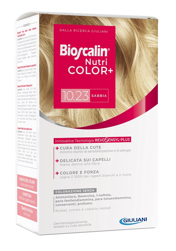 BIOSCALIN NUTRICOLOR PLUS 10,23 SABBIA CREMA COLORANTE 40 ML + RIVELATORE CREMA 60 ML + SHAMPOO 12 ML + TRATTAMENTO FINALE BALSAMO 12 ML - farmacialombardia.it