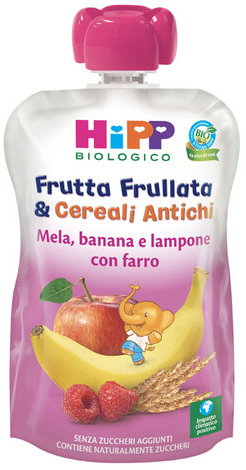 HIPP BIO FRUTTA FRULLATA&CEREALI ANTICHI MELA BANANA LAMPONE FARRO 90 G - farmacialombardia.it