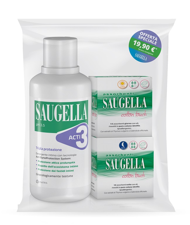 SAUGELLA ACTI3 DETERGENTE INTIMO + 2 SCATOLE ASSORBENTI GIORNO E NOTTE - farmacialombardia.it